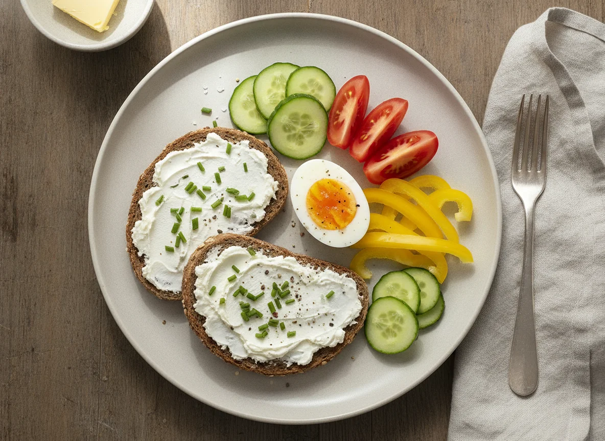 Deutsches Frühstück mit Brot, Ei und Gemüse photo