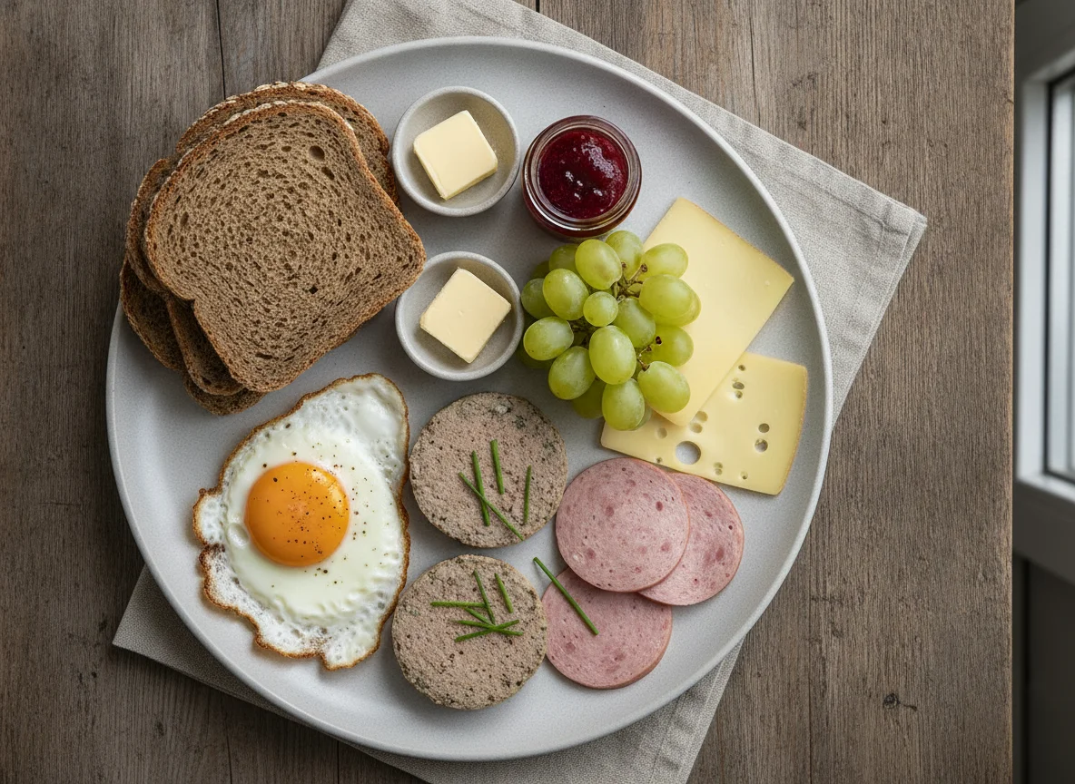 Deutsches Frühstück mit Brot, Ei, Wurst, Käse und Trauben photo