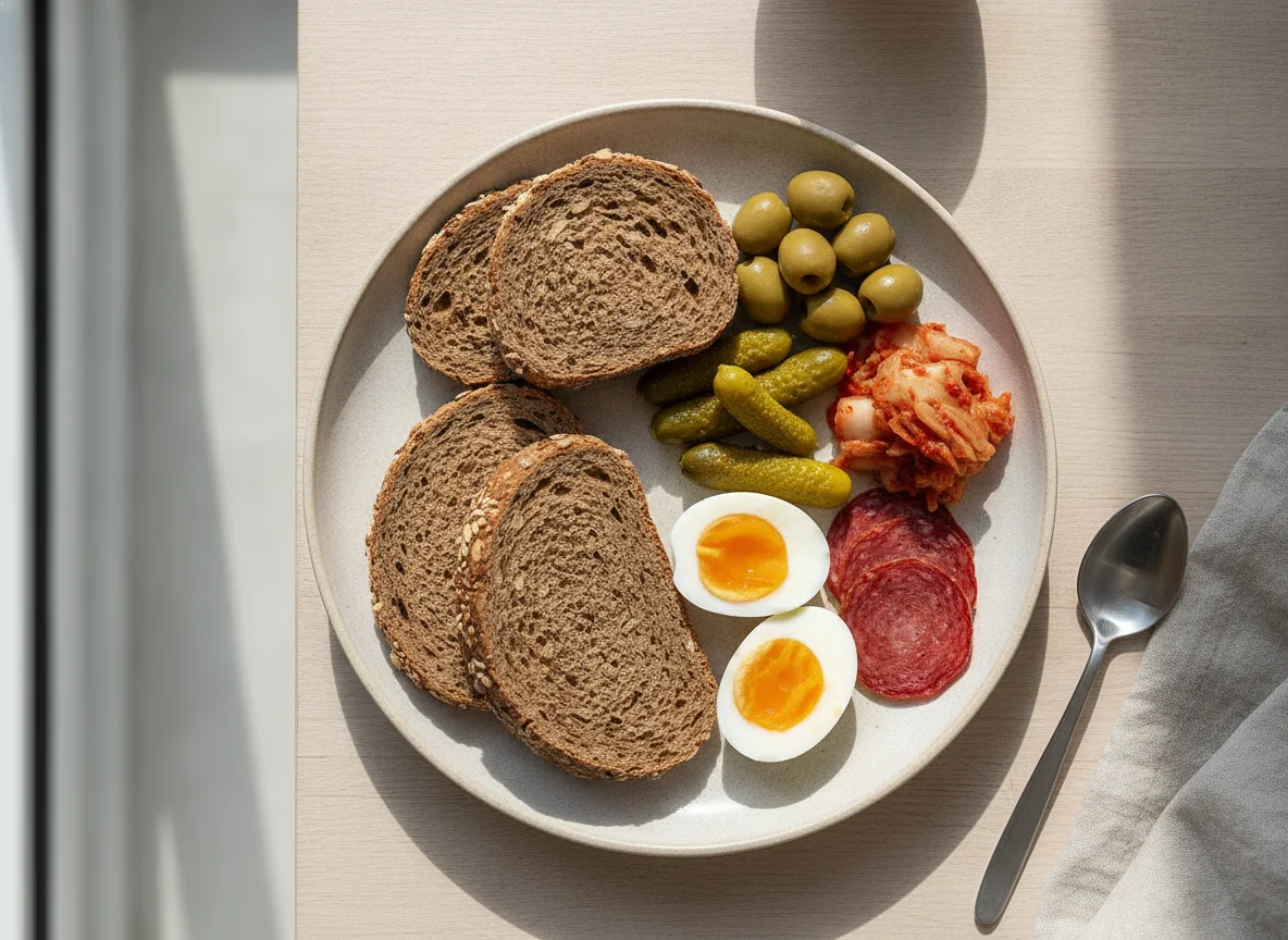 Deutsches Frühstück mit Brot, Eiern und Beilagen photo