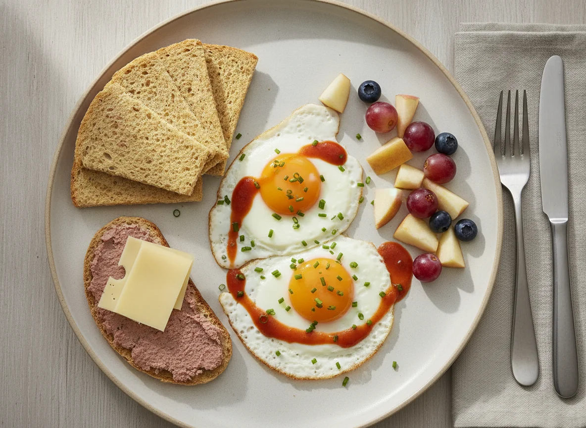 Deutsches Frühstück mit Brot, Eiern und Obst photo