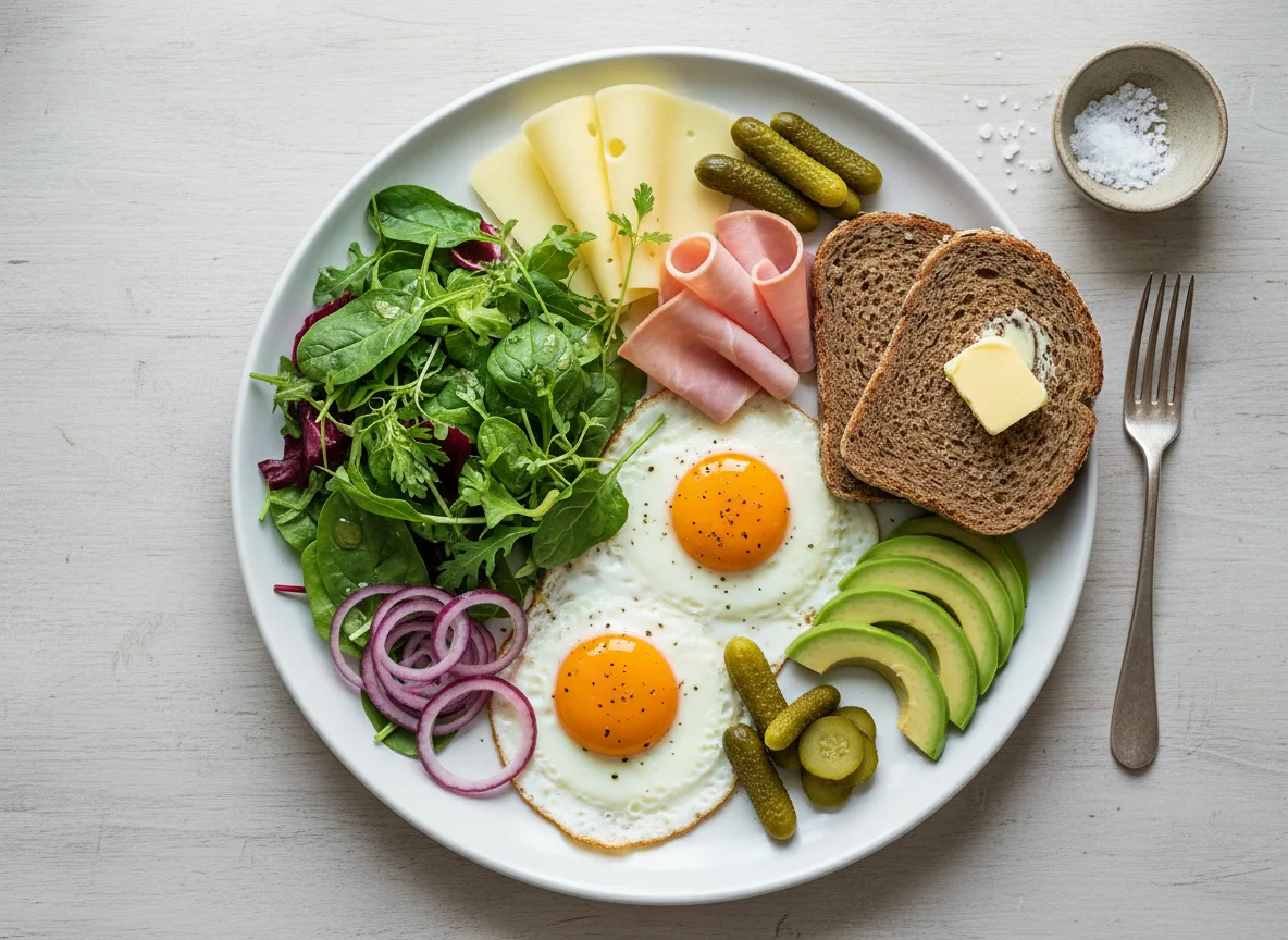 Deutsches Frühstück mit Brot, Eiern und Salat photo
