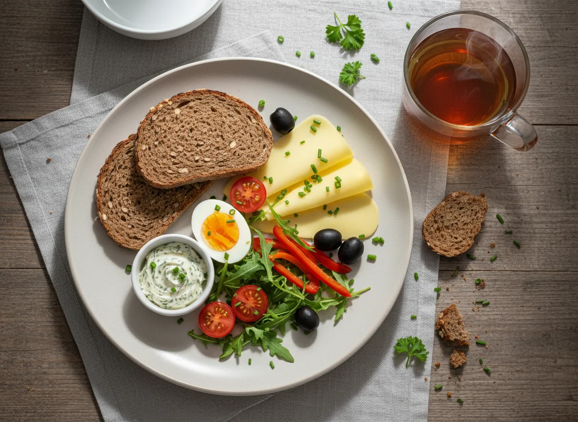 Deutsches Frühstück mit Brot, Käse, Ei und Gemüse photo