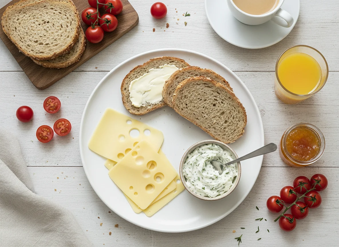 Deutsches Frühstück mit Brot, Käse, Frischkäse und Tomaten photo