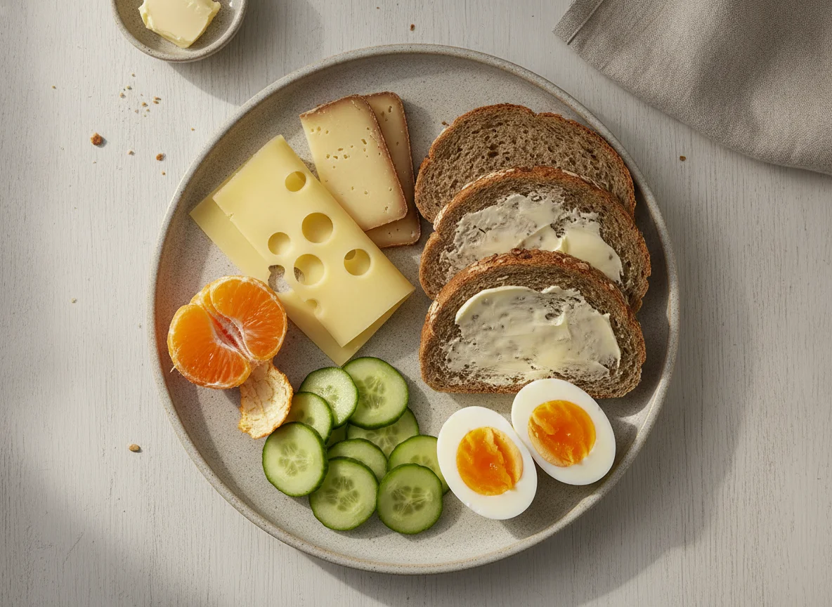 Deutsches Frühstück mit Brot, Käse, Gurke, Ei und Mandarine photo