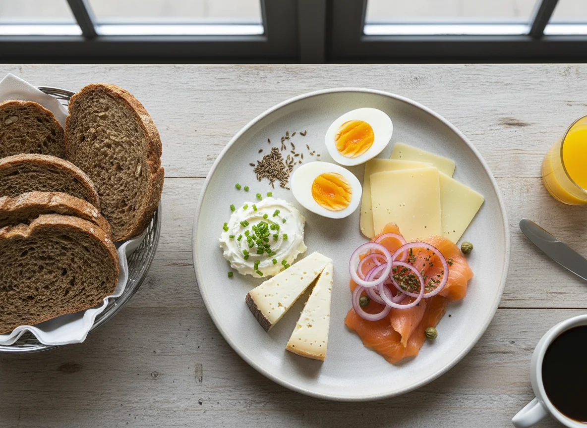 Deutsches Frühstück mit Brot, Käse, Lachs und Ei photo