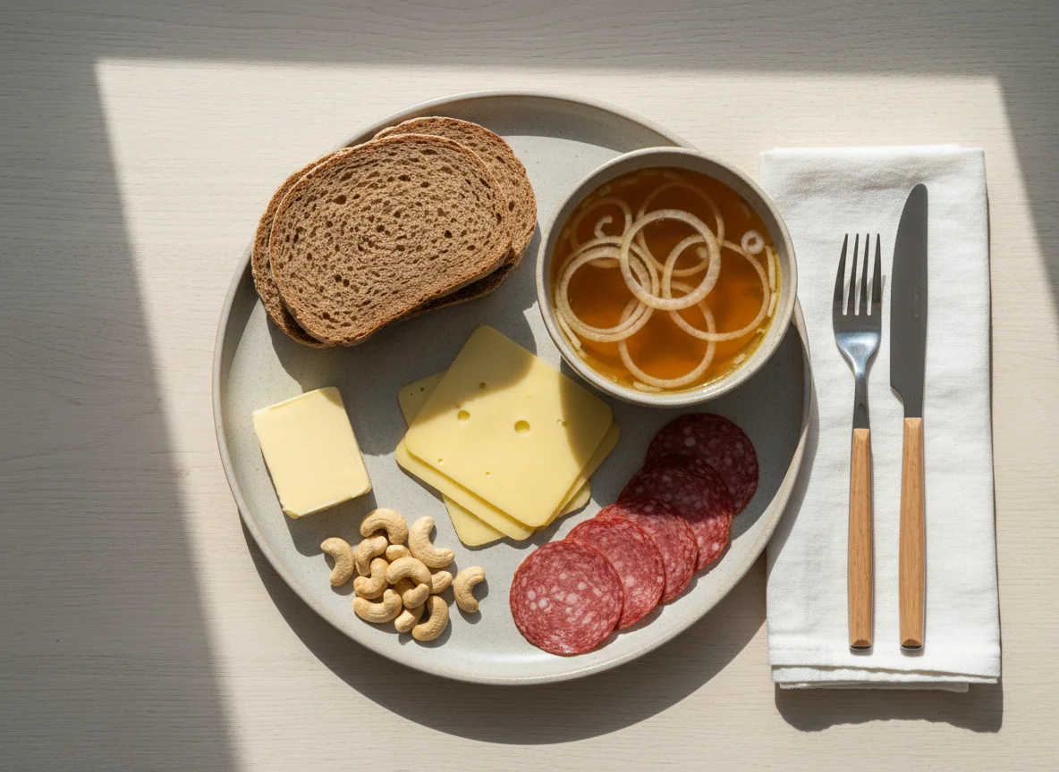 Deutsches Frühstück mit Brot, Käse, Salami und Cashews photo