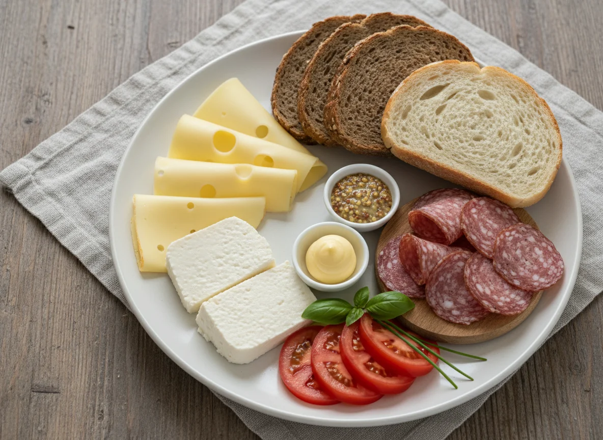 Deutsches Frühstück mit Brot, Käse, Salami und Gemüse photo