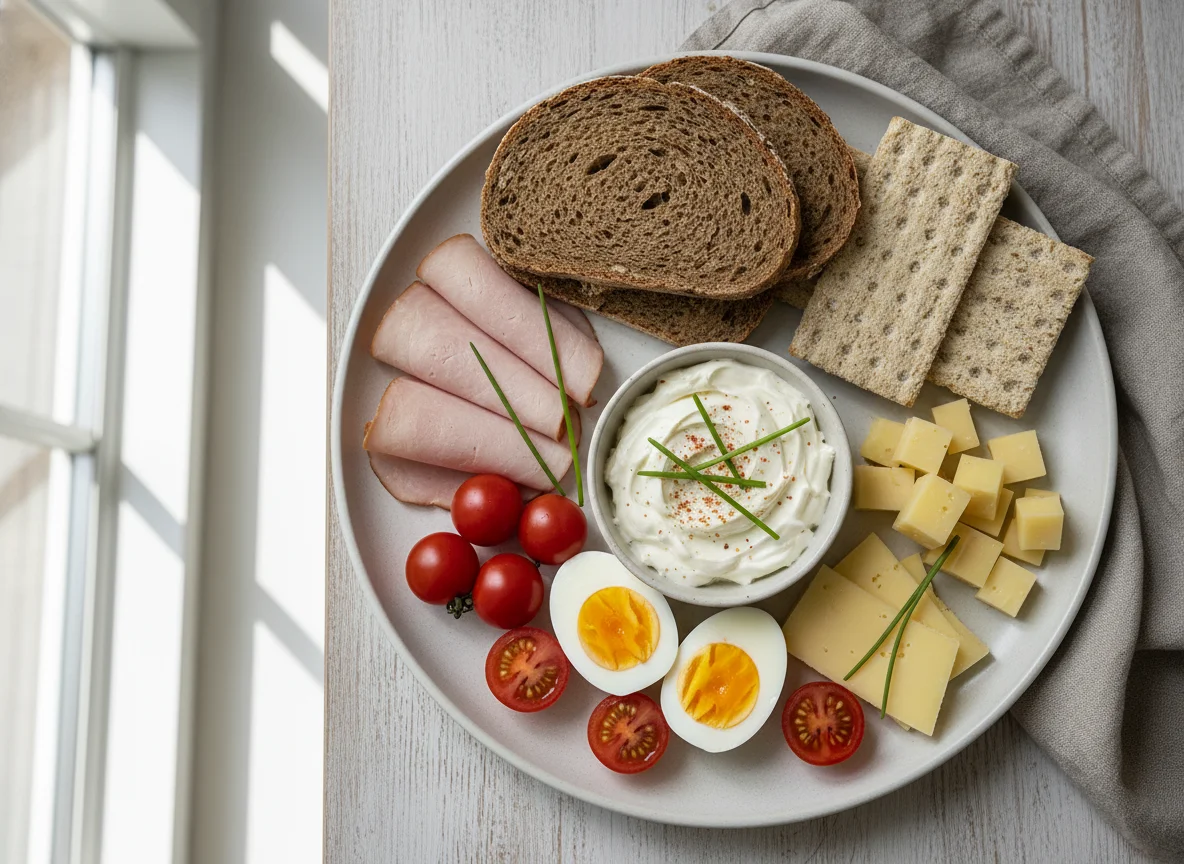 Deutsches Frühstück mit Brot, Käse und Eiern photo
