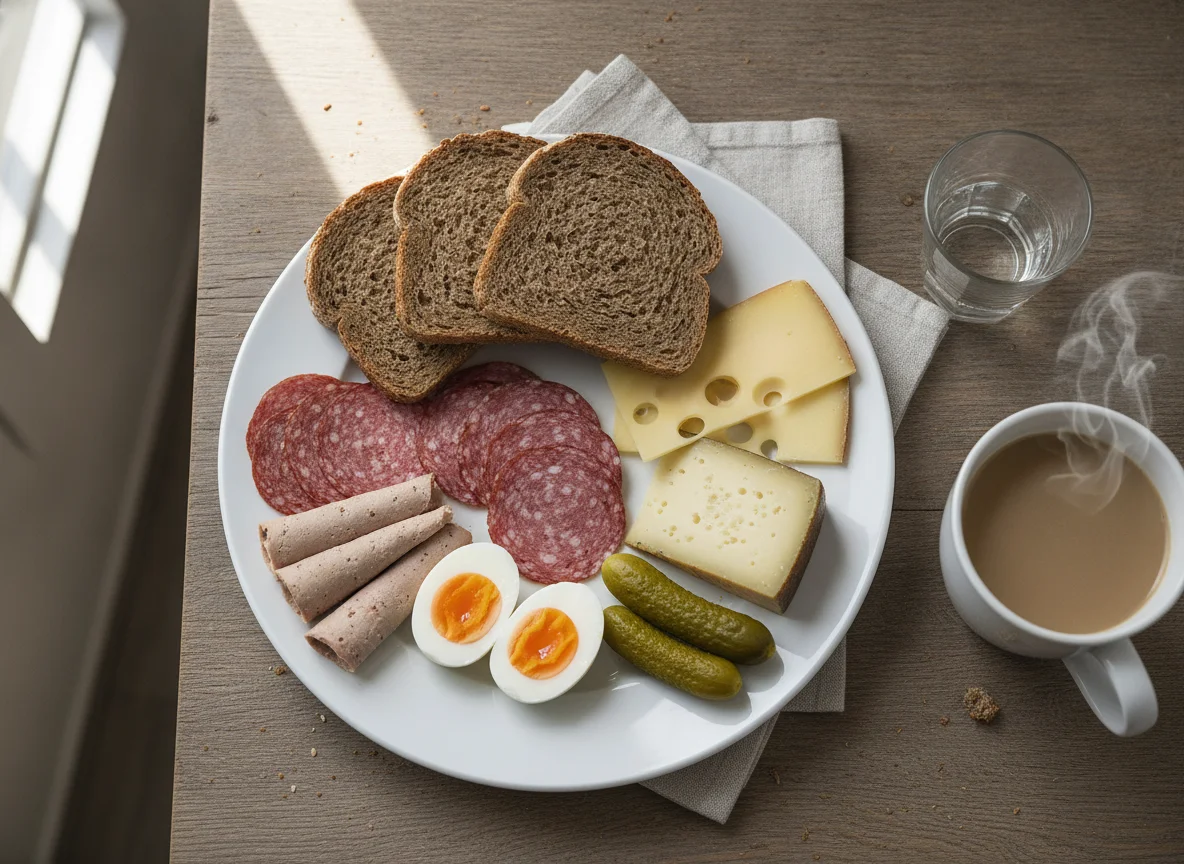 Deutsches Frühstück mit Brot, Käse, Wurst, Ei und Kaffee photo