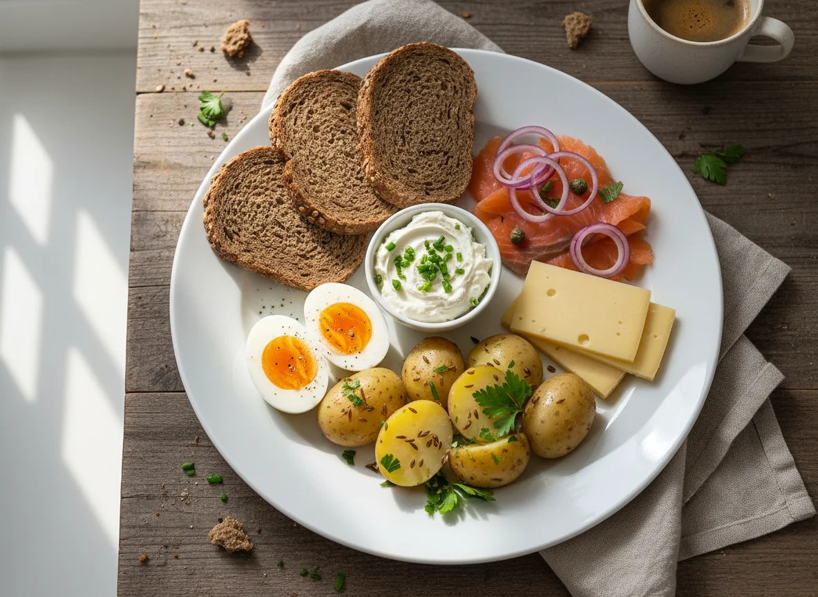 Deutsches Frühstück mit Brot, Lachs, Käse, Ei und Kartoffeln photo