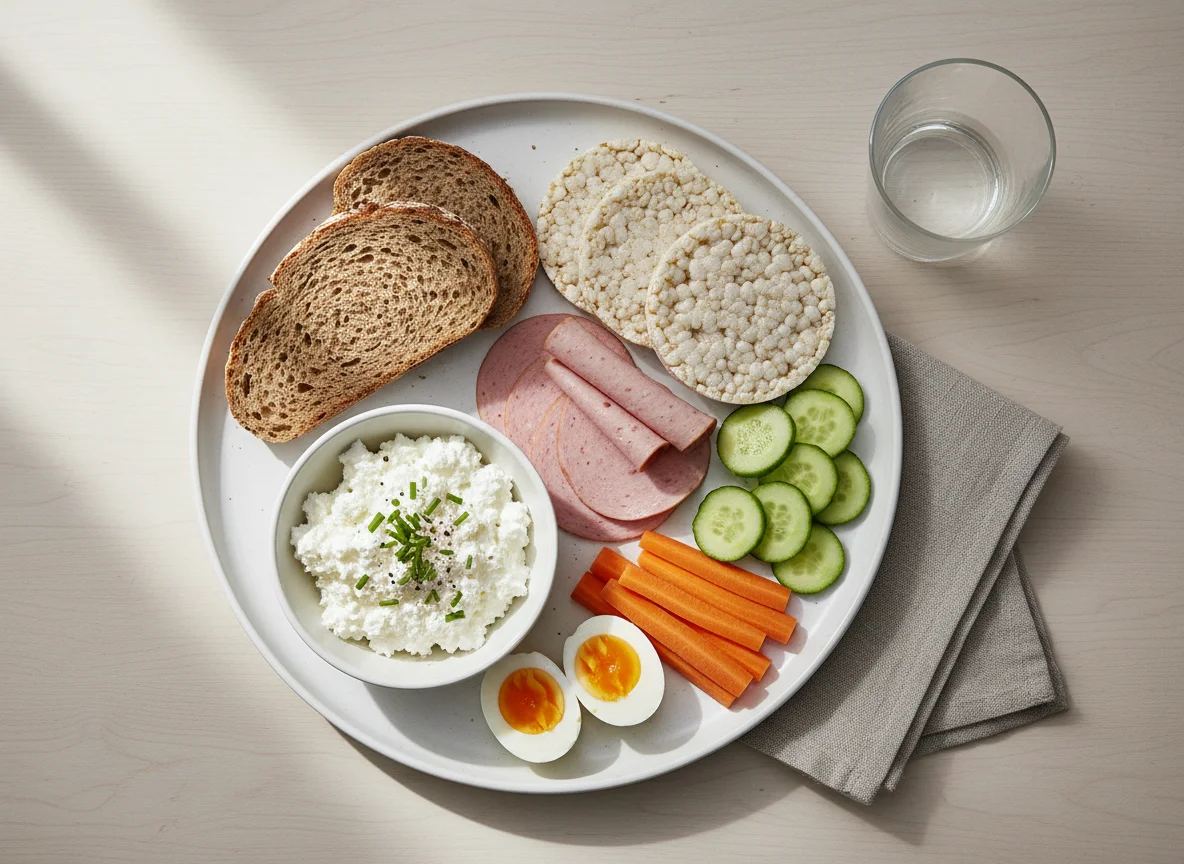 Deutsches Frühstück mit Brot, Reiswaffeln und Gemüse photo