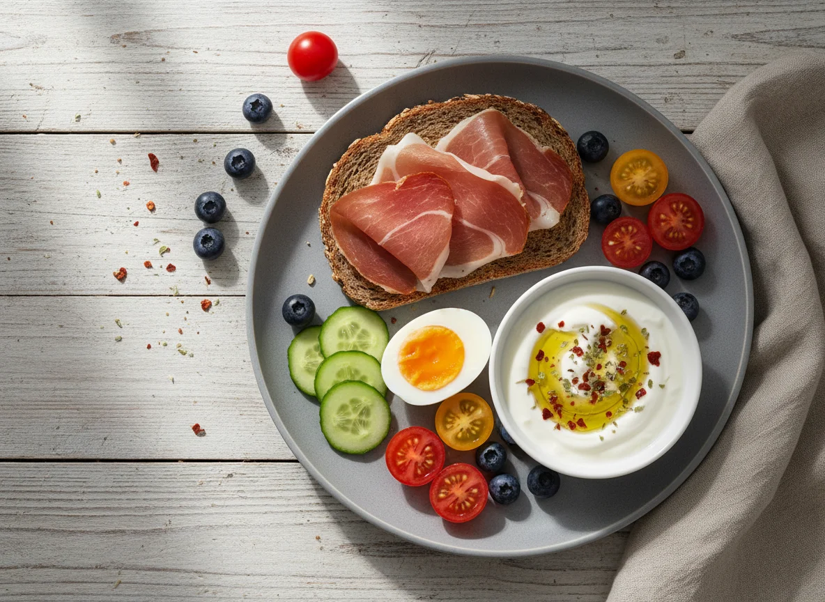 Deutsches Frühstück mit Brot, Schinken, Ei und Gemüse photo