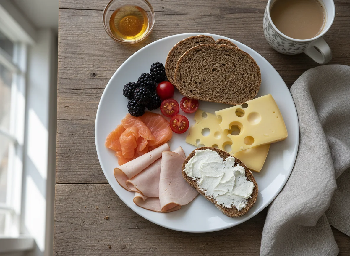 Deutsches Frühstück mit Brot und Belag photo