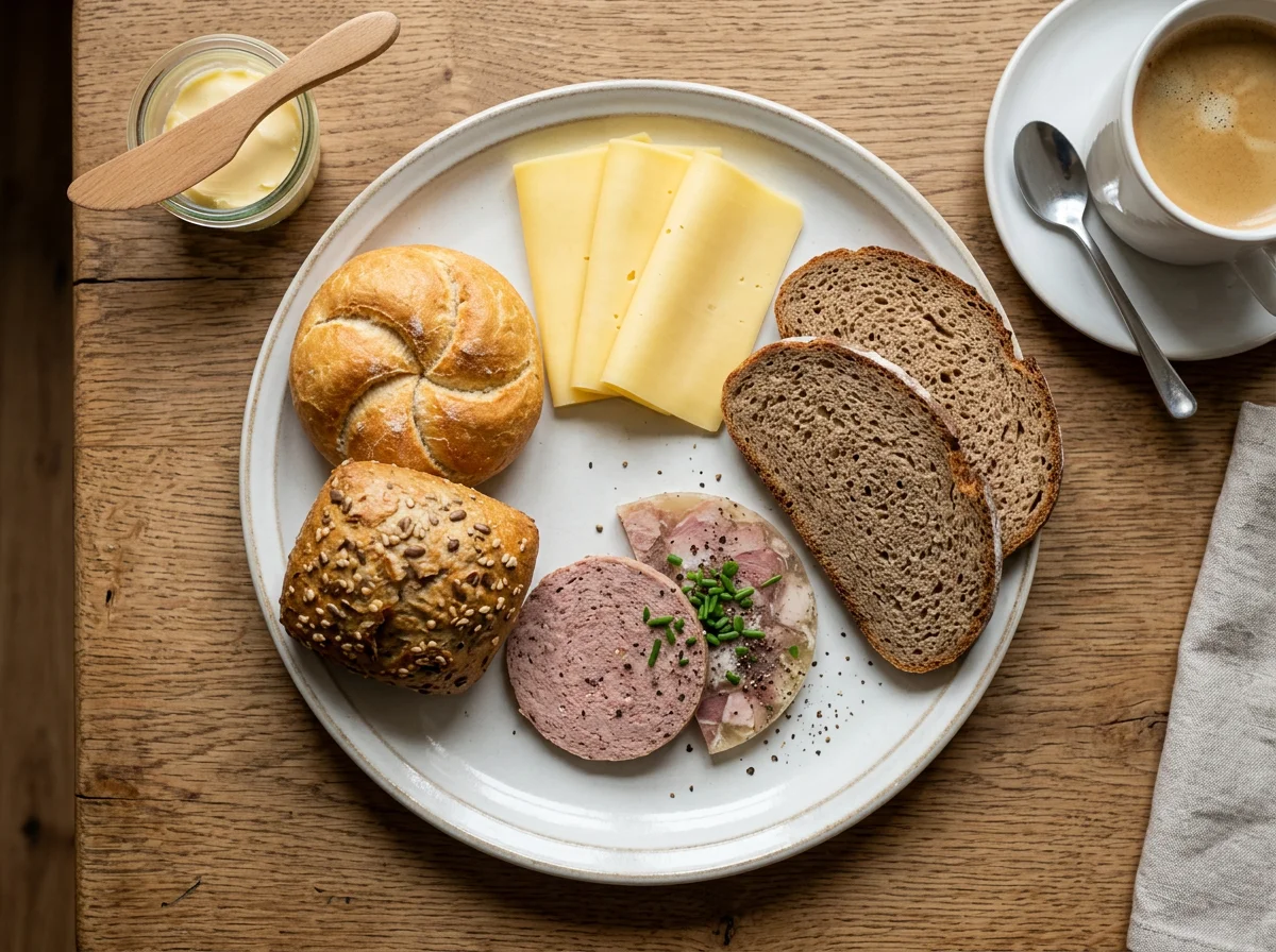 Deutsches Frühstück mit Brot und Brötchen photo