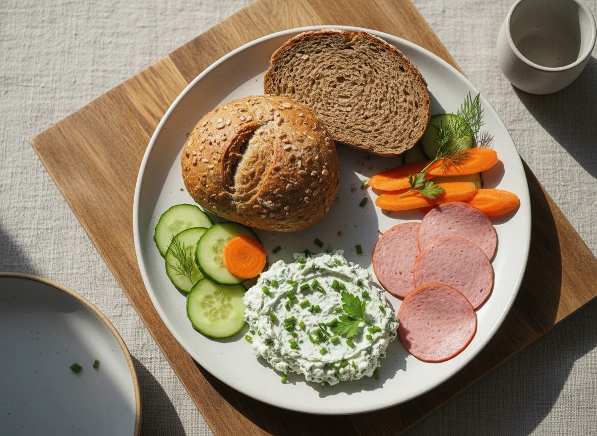 Deutsches Frühstück mit Brot und Gemüse photo