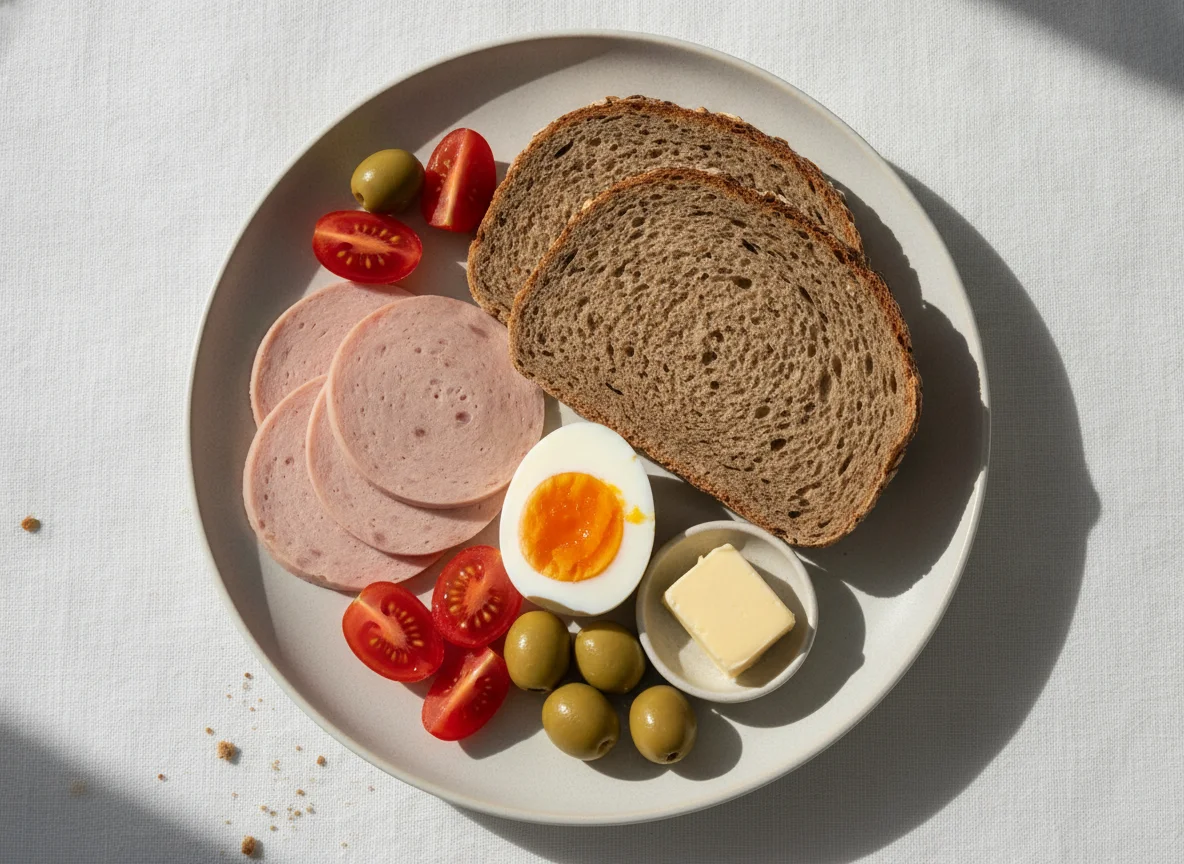 Deutsches Frühstück mit Brot, Wurst, Ei und Gemüse photo