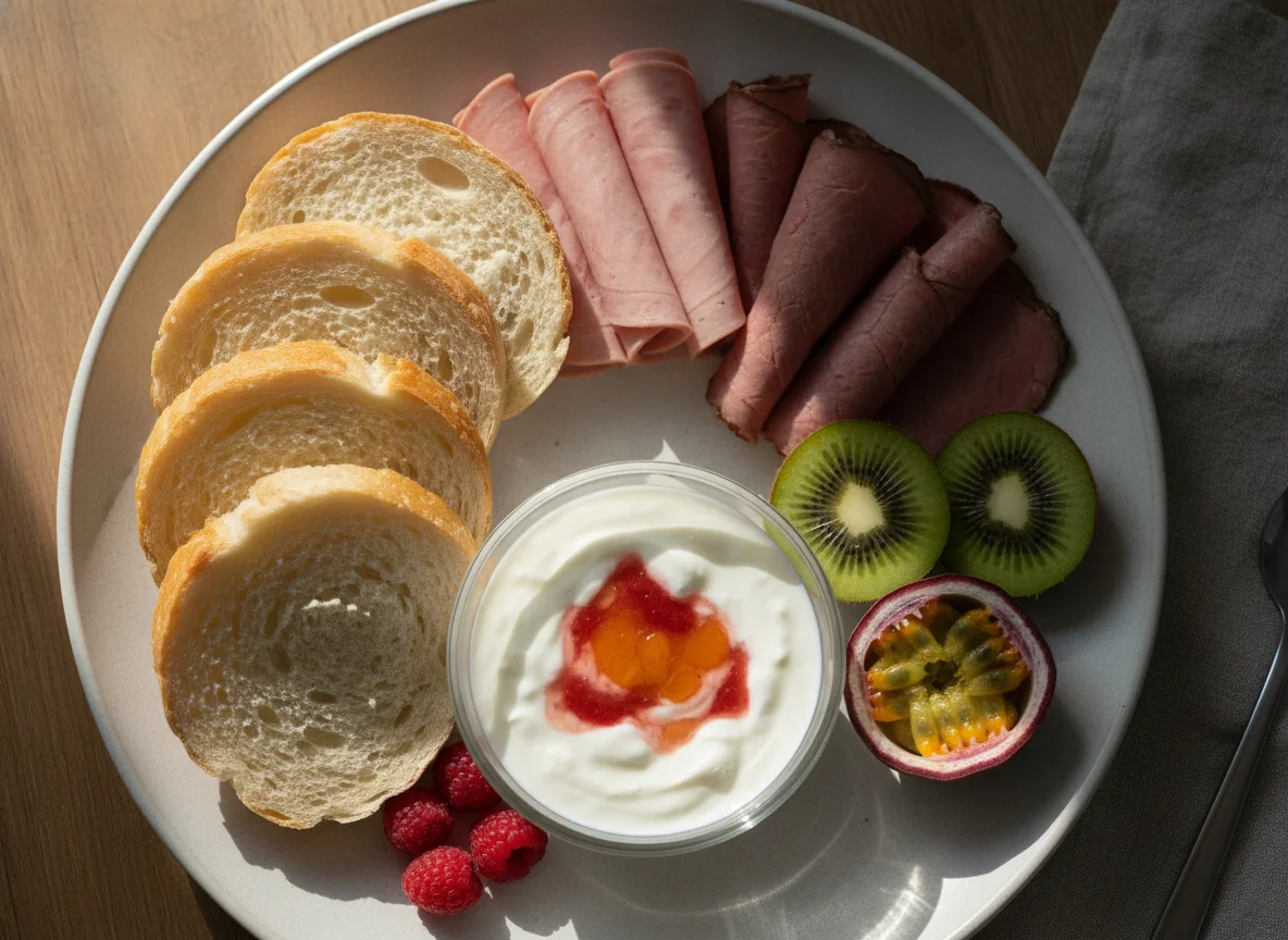 Deutsches Frühstück mit Brot, Wurst, Fleisch und Obst photo