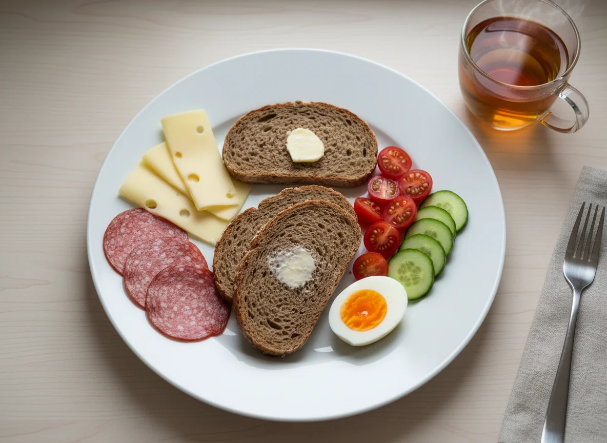 Deutsches Frühstück mit Brot, Wurst, Käse, Gemüse und Ei photo