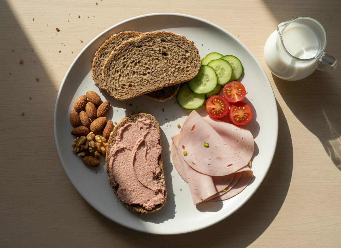 Deutsches Frühstück mit Brot, Wurst, Nüssen und Gemüse photo