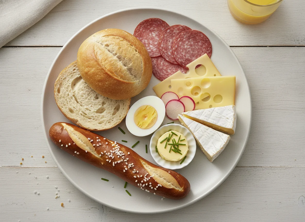 Deutsches Frühstück mit Brötchen, Ei und Aufschnitt photo