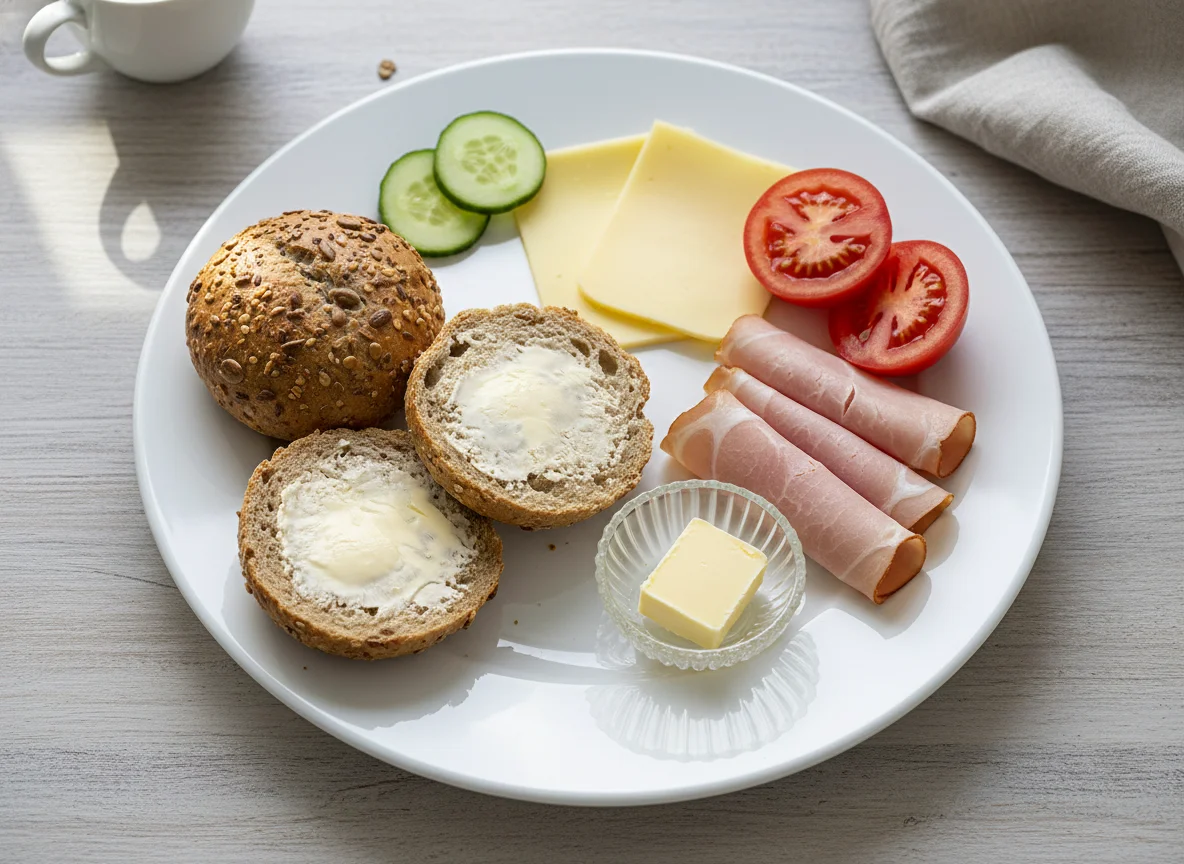 Deutsches Frühstück mit Brötchen, Käse, Schinken und Gemüse photo