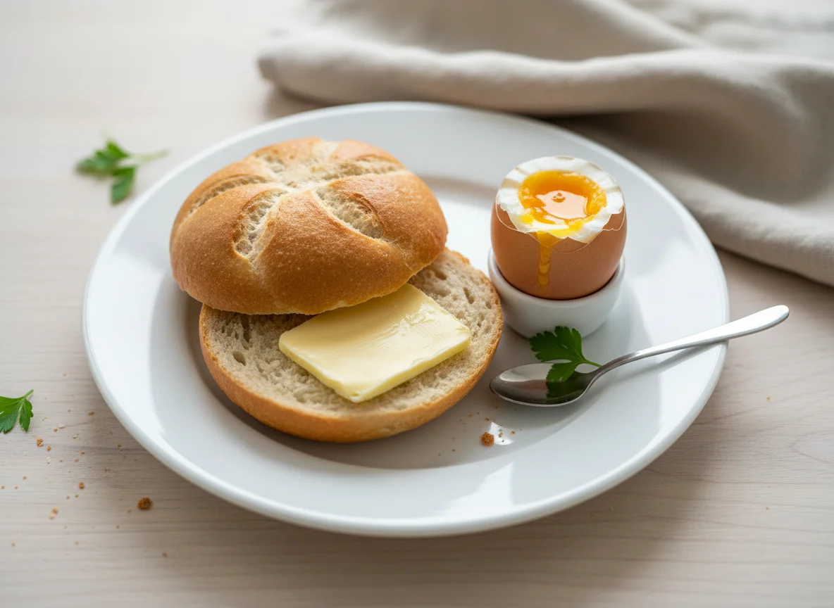 Deutsches Frühstück mit Brötchen und Ei photo