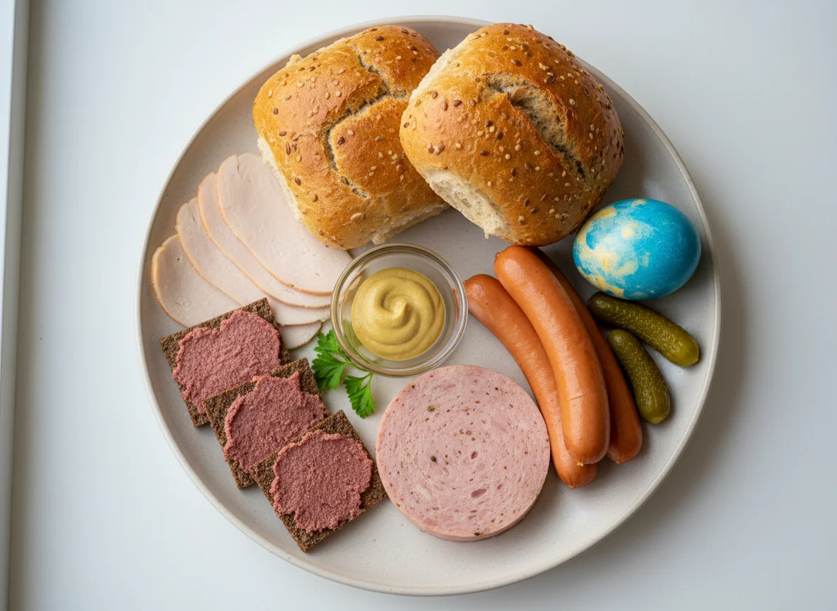 Deutsches Frühstück mit Brötchen und Wurst photo
