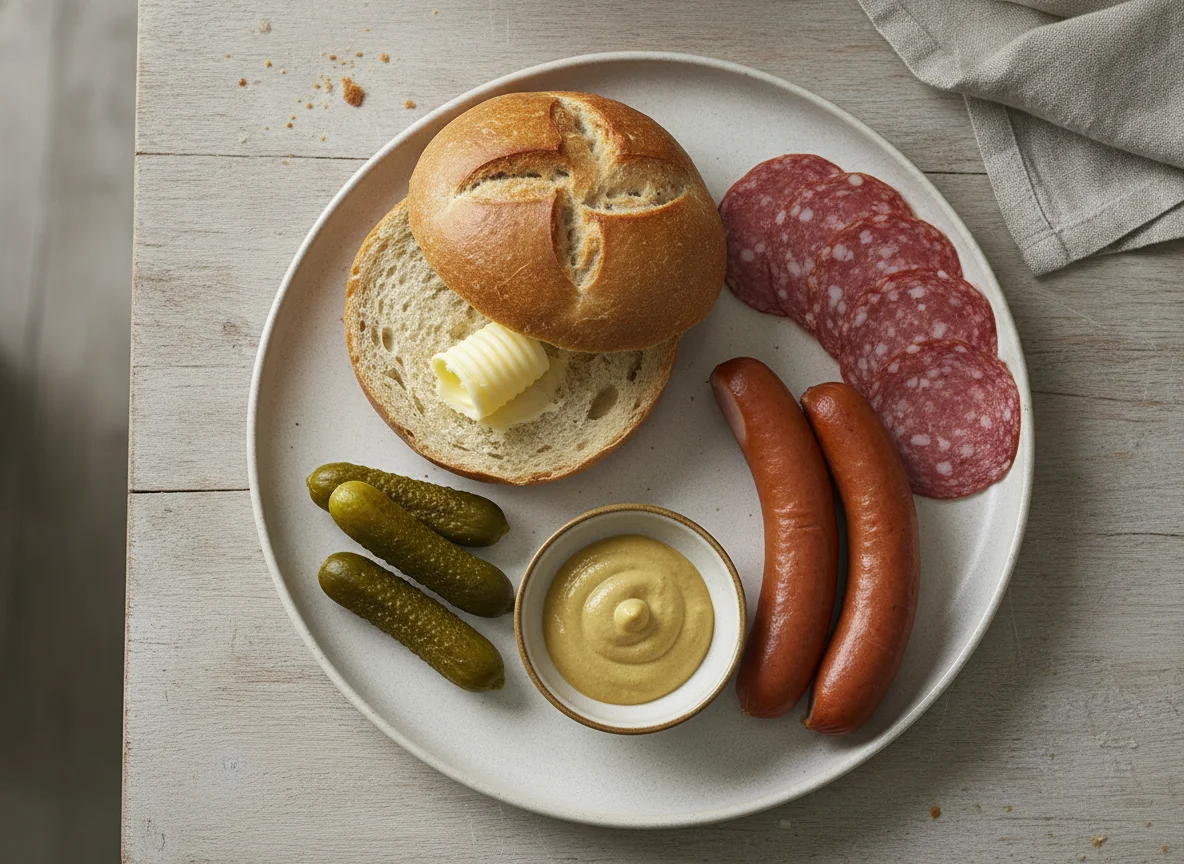 Deutsches Frühstück mit Brötchen, Würstchen und Essiggurken photo