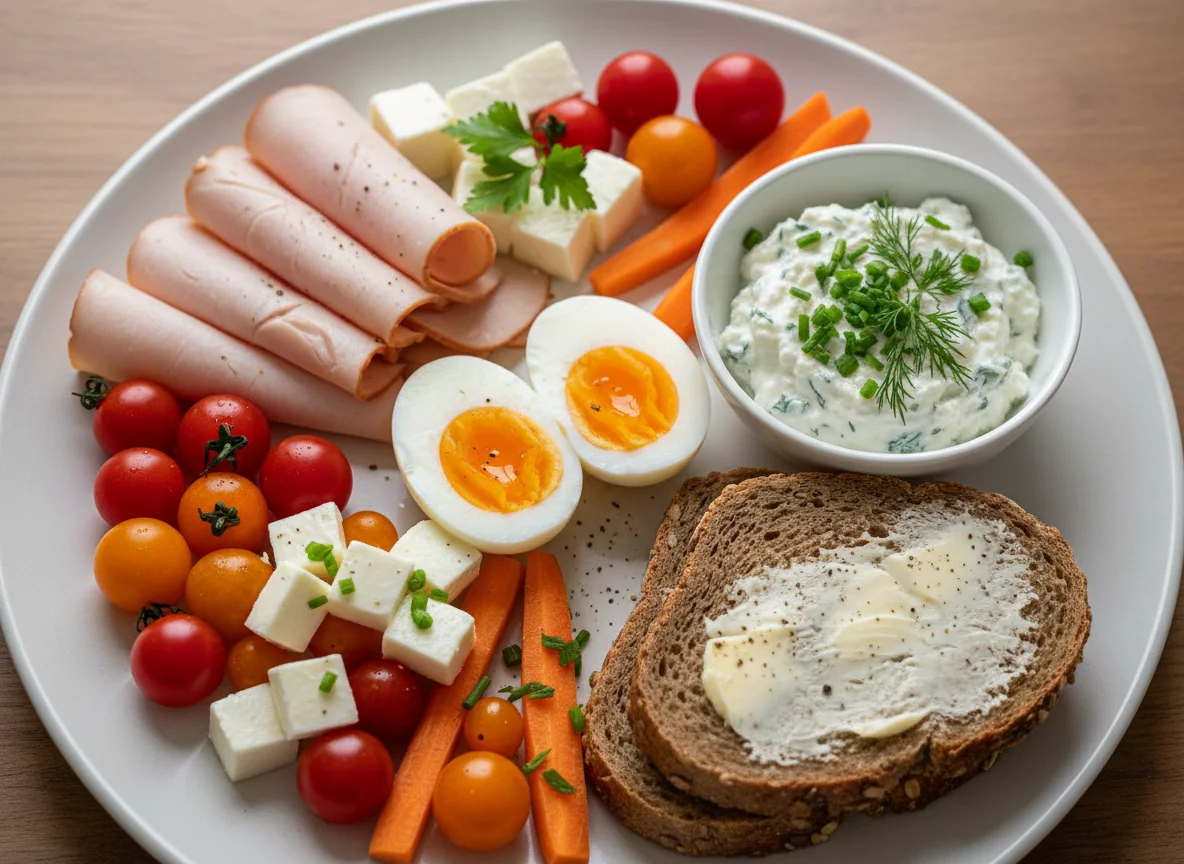 Deutsches Frühstück mit Eiern, Wurst und Gemüse photo