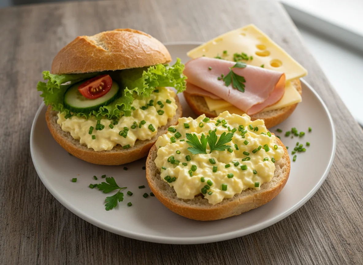 Deutsches Frühstück mit Eiersalatbrötchen, Käse und Schinken photo