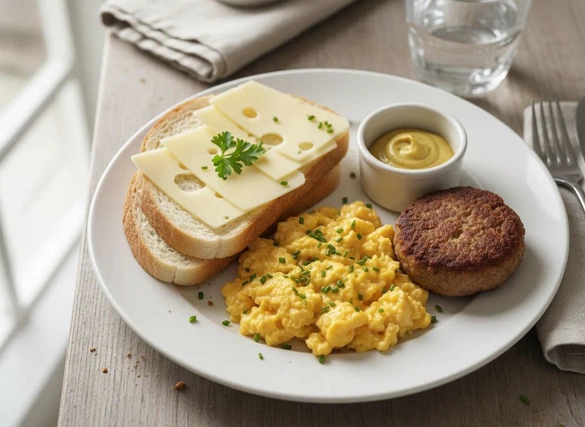 Deutsches Frühstück mit Frikadelle, Rührei und Käsebrot photo