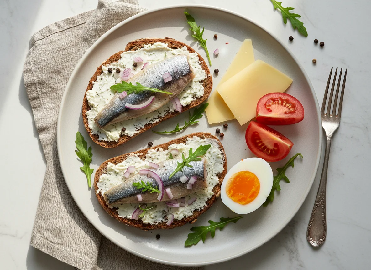 Deutsches Frühstück mit Hering und Ei photo