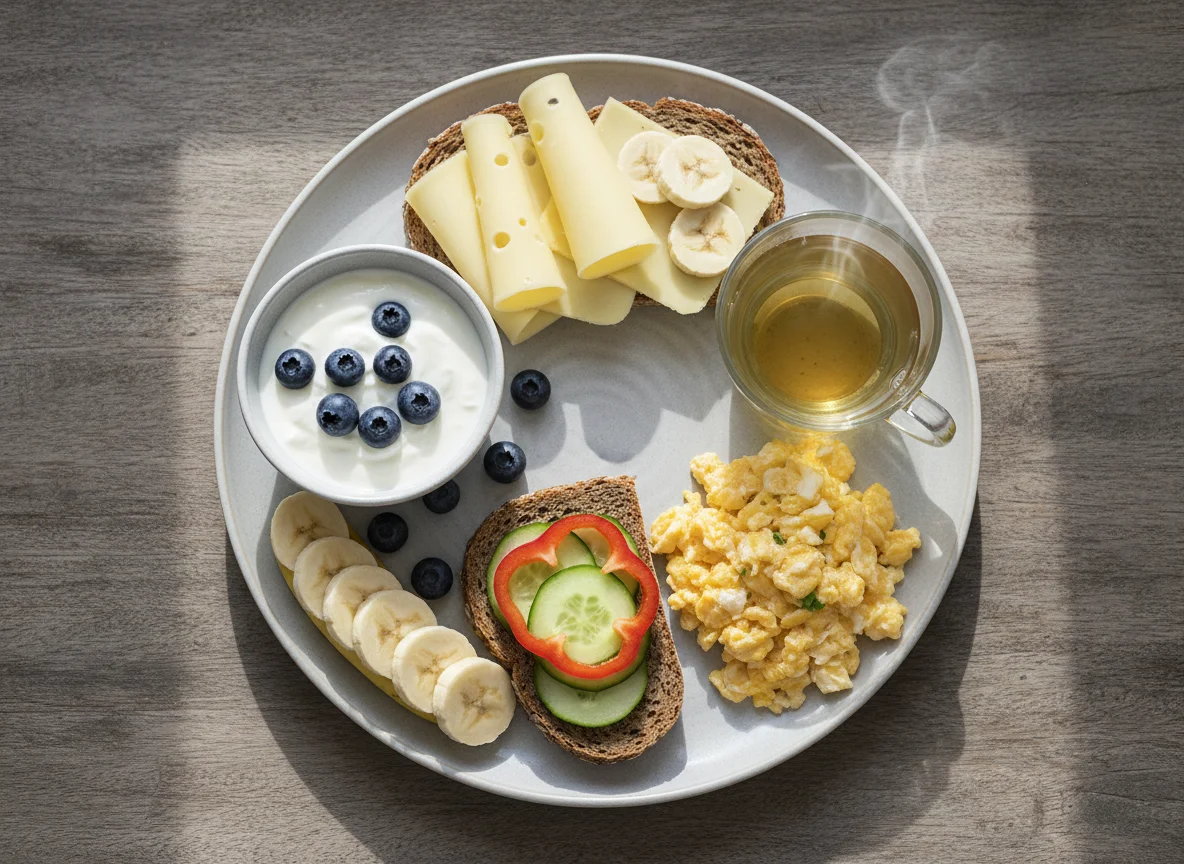 Deutsches Frühstück mit Joghurt und Brot photo