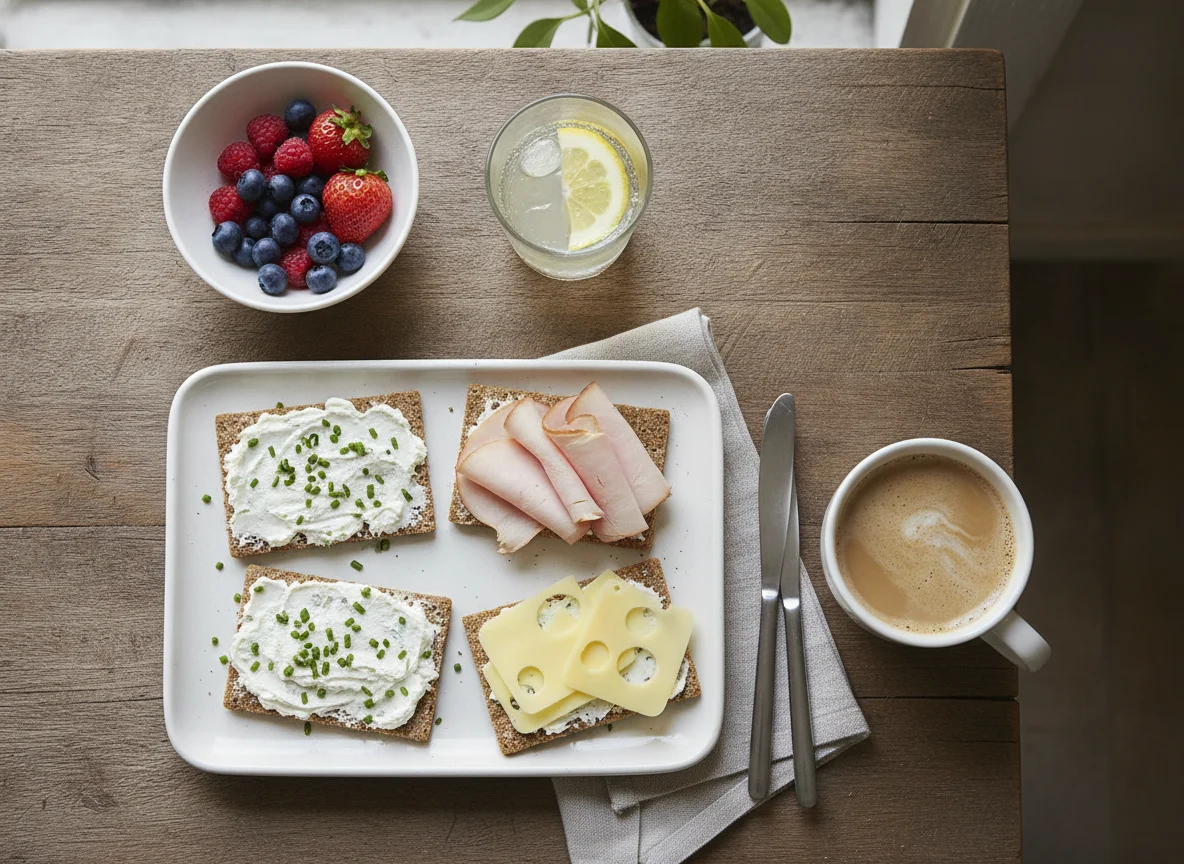 Deutsches Frühstück mit Knäckebrot und Aufschnitt photo