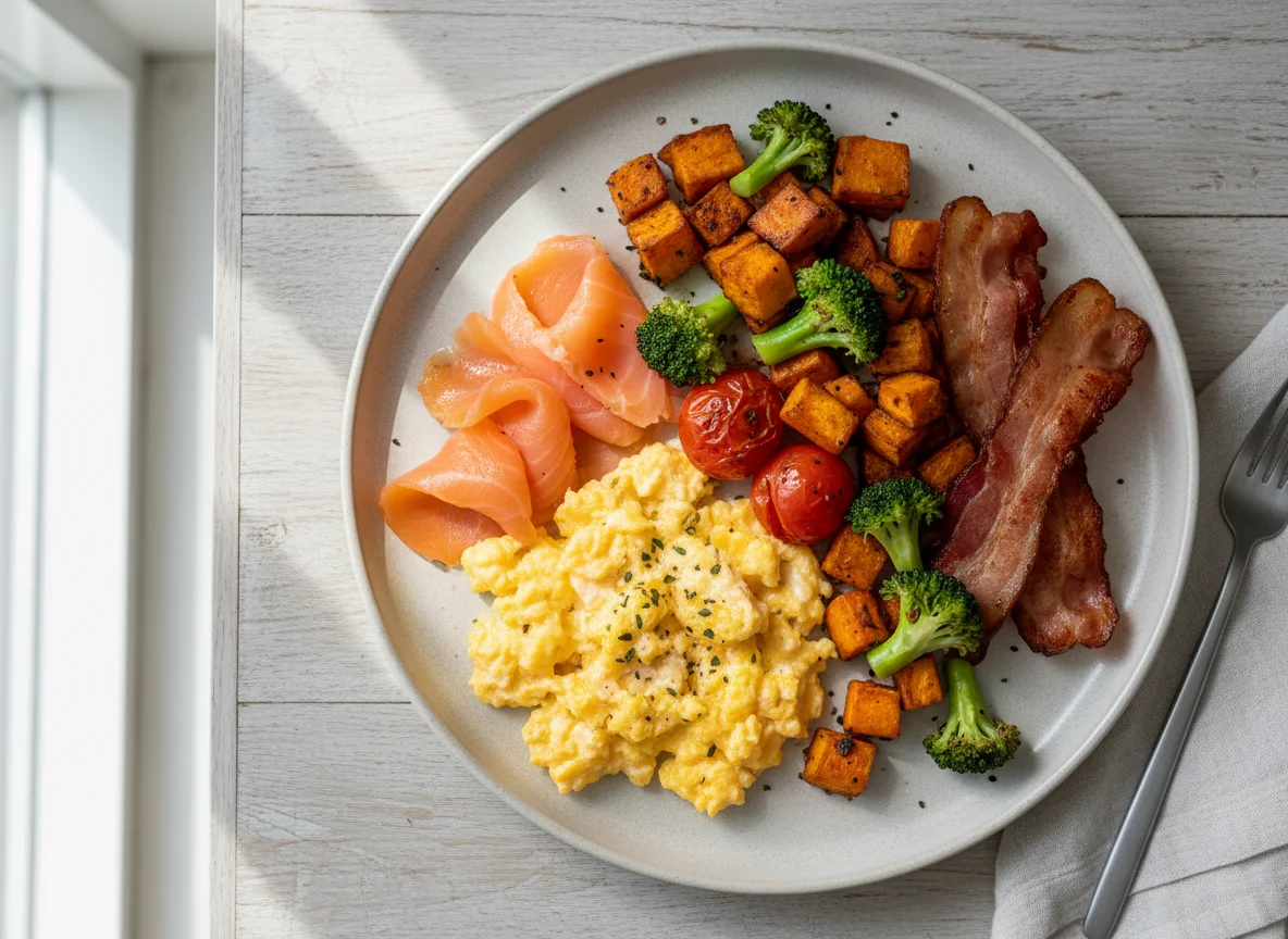 Deutsches Frühstück mit Lachs und Rührei photo