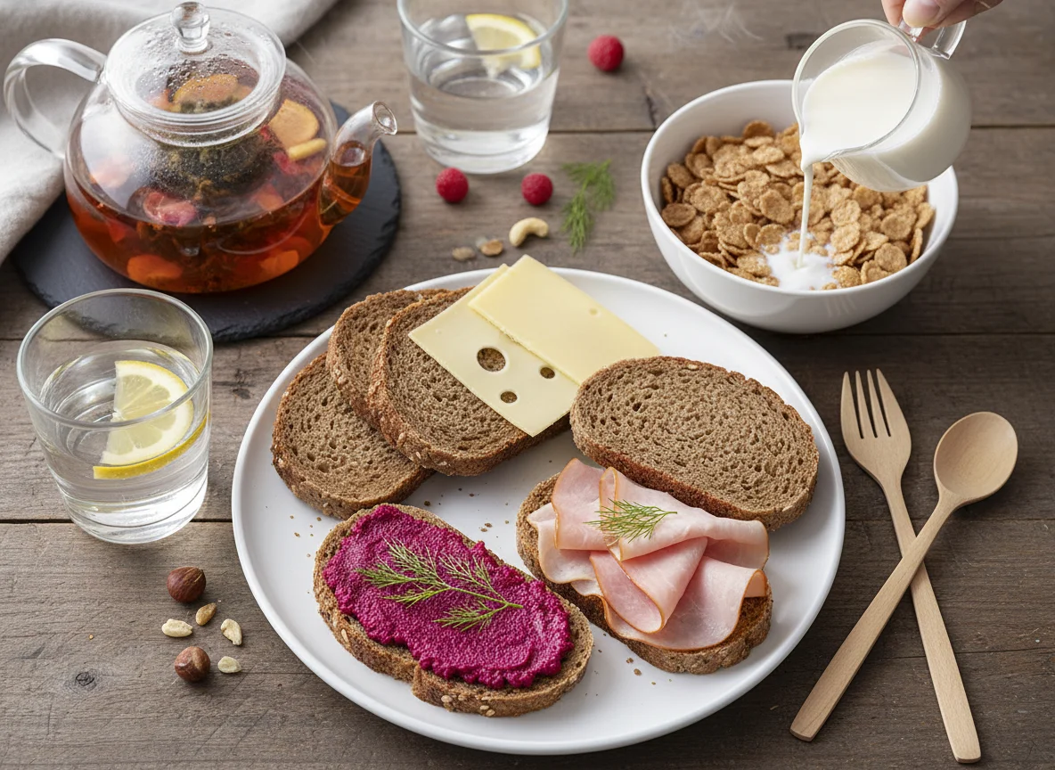 Deutsches Frühstück mit Müsli und belegten Broten photo