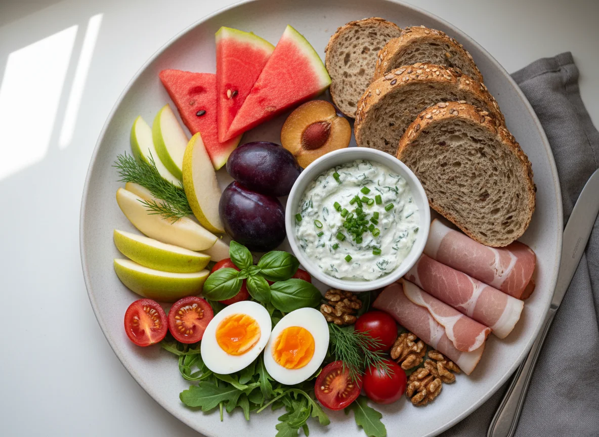 Deutsches Frühstück mit Obst und Aufschnitt photo