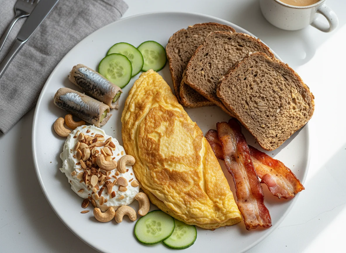 Deutsches Frühstück mit Omelett, Rollmops und Brot photo