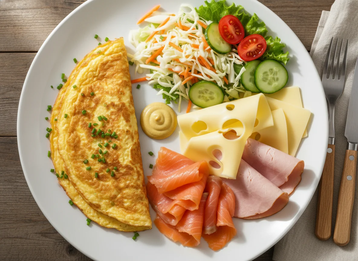 Deutsches Frühstück mit Omelett, Salat und Aufschnitt photo