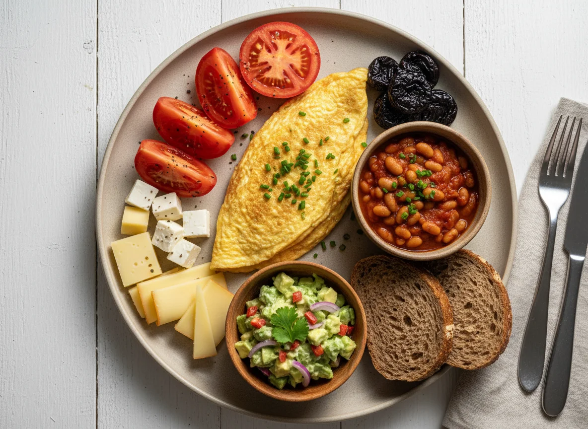 Deutsches Frühstück mit Omelett und Bohnen photo