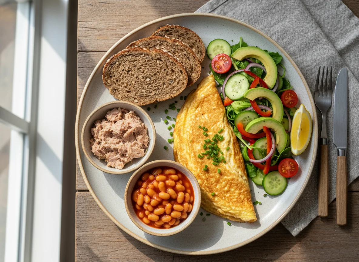 Deutsches Frühstück mit Omelett und Salat photo