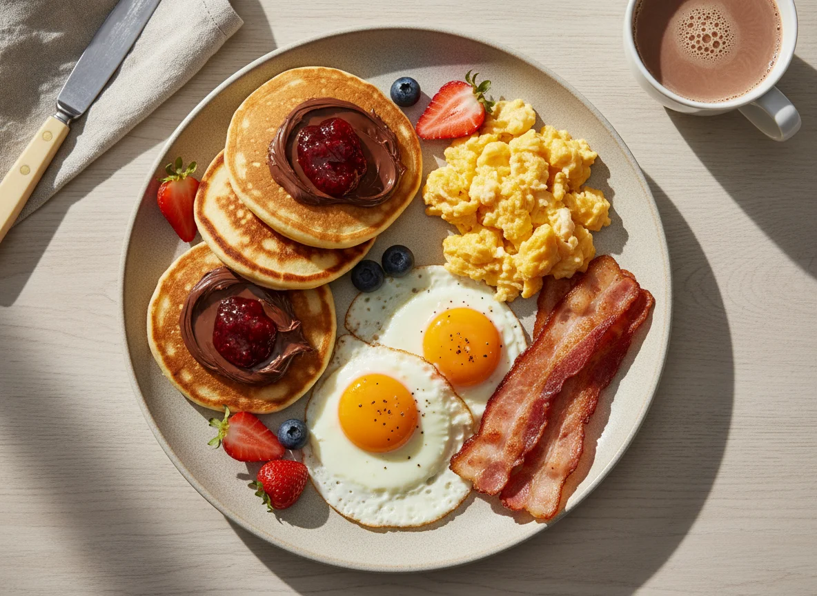 Deutsches Frühstück mit Pfannkuchen und herzhaften Eiern photo
