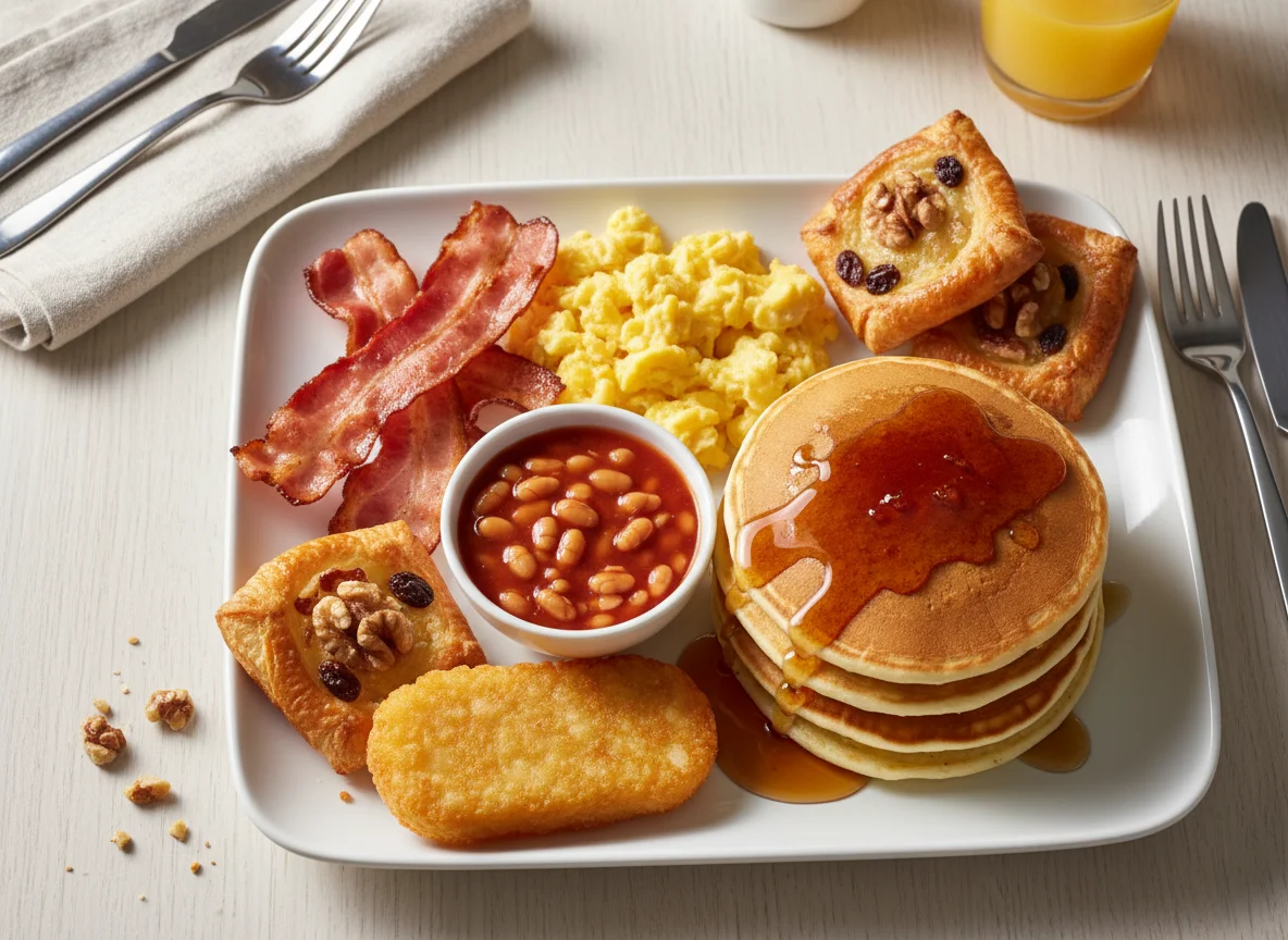 Deutsches Frühstück mit Pfannkuchen und Speck photo