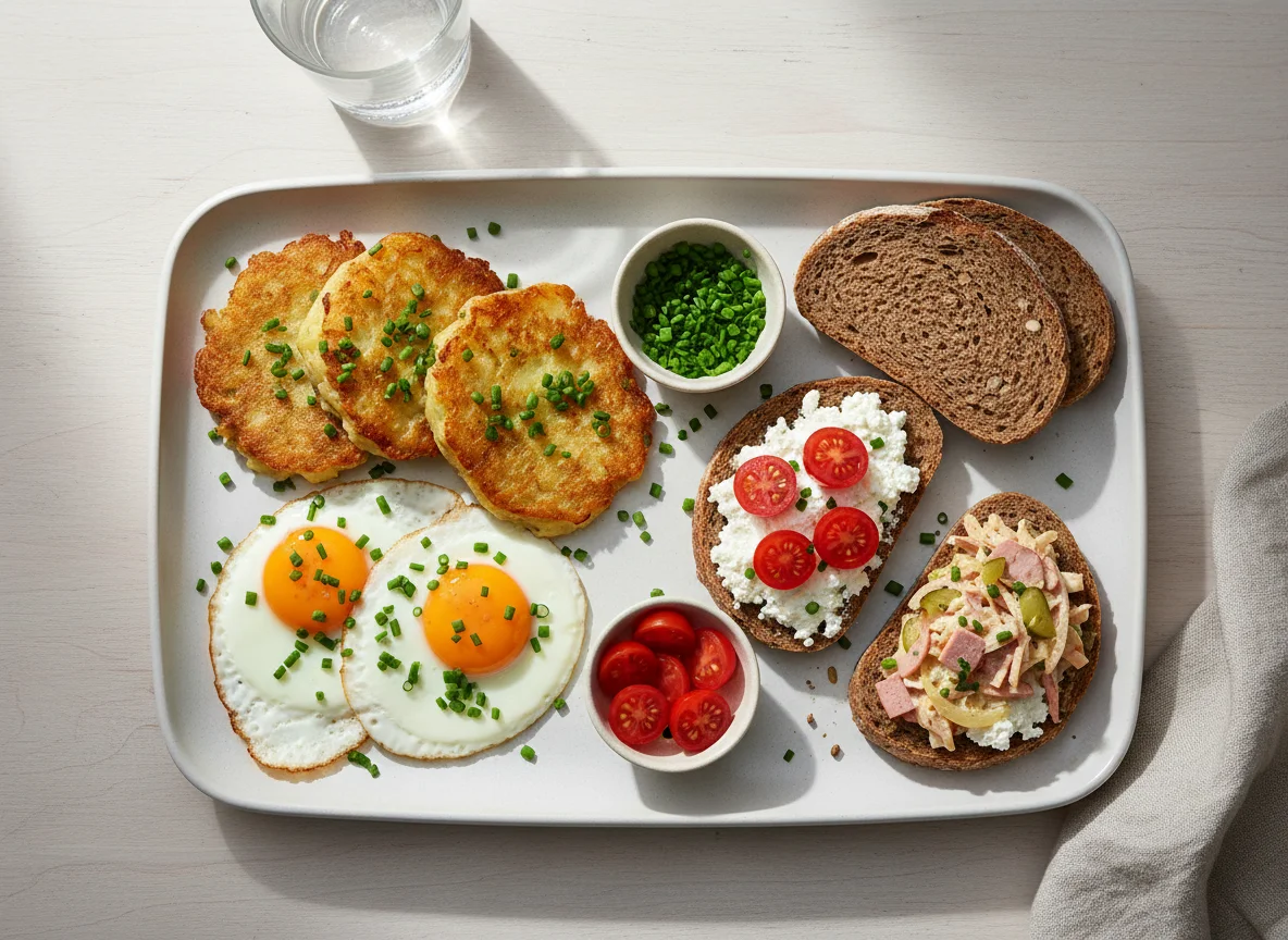 Deutsches Frühstück mit Reibekuchen und belegten Broten photo