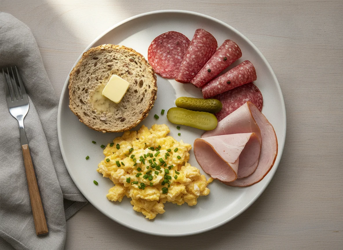 Deutsches Frühstück mit Rührei, Brötchen und Aufschnitt photo