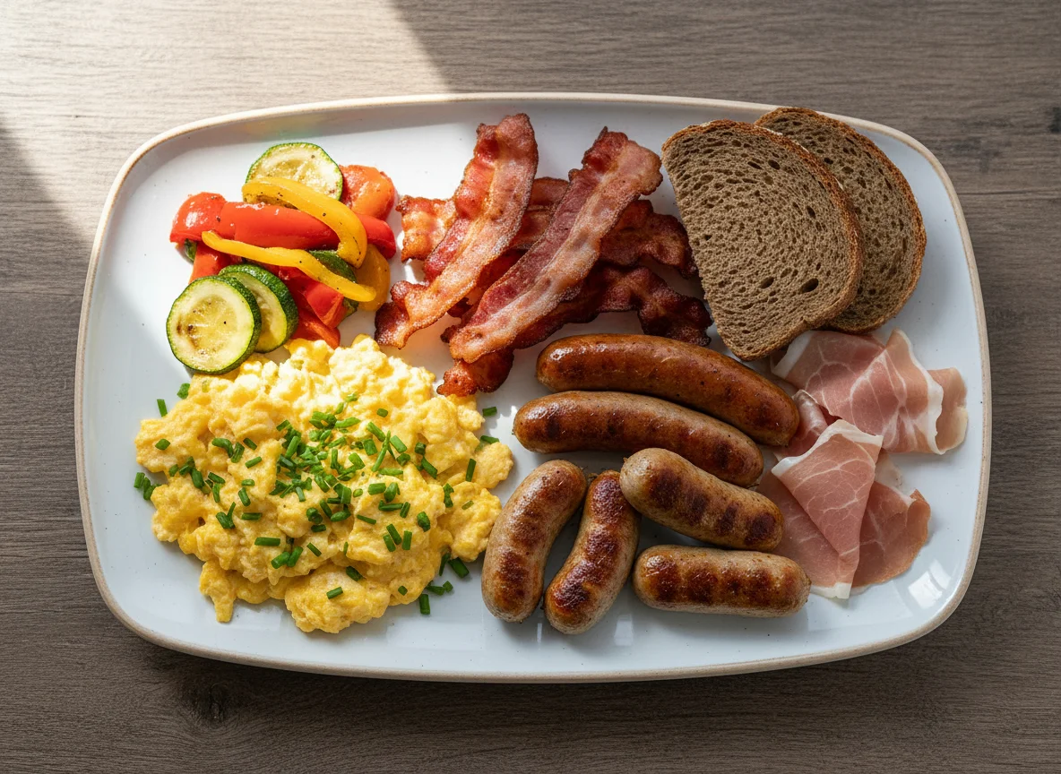 Deutsches Frühstück mit Rührei, Speck und Würstchen photo