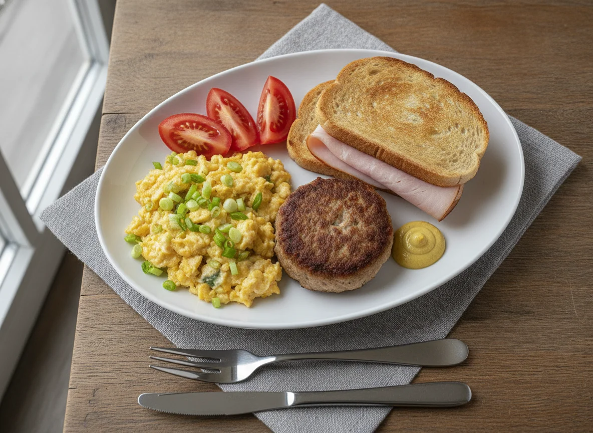 Deutsches Frühstück mit Rührei, Toast und Frikadelle photo