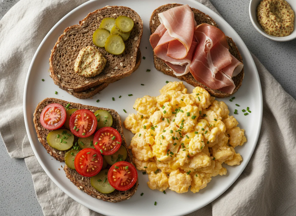 Deutsches Frühstück mit Rührei und belegten Broten photo