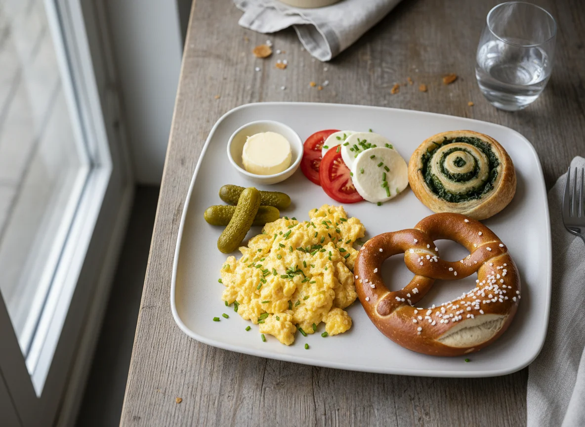 Deutsches Frühstück mit Rührei und Brezeln photo