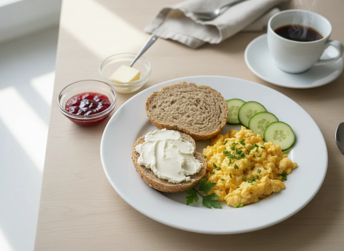 Deutsches Frühstück mit Rührei und Brötchen photo